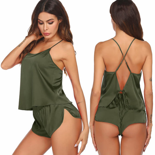 Ekouaer Silk Pajamas Set for Women Satin Backless Lingerie Pjs Cami Top and Shorts Nightwear Green