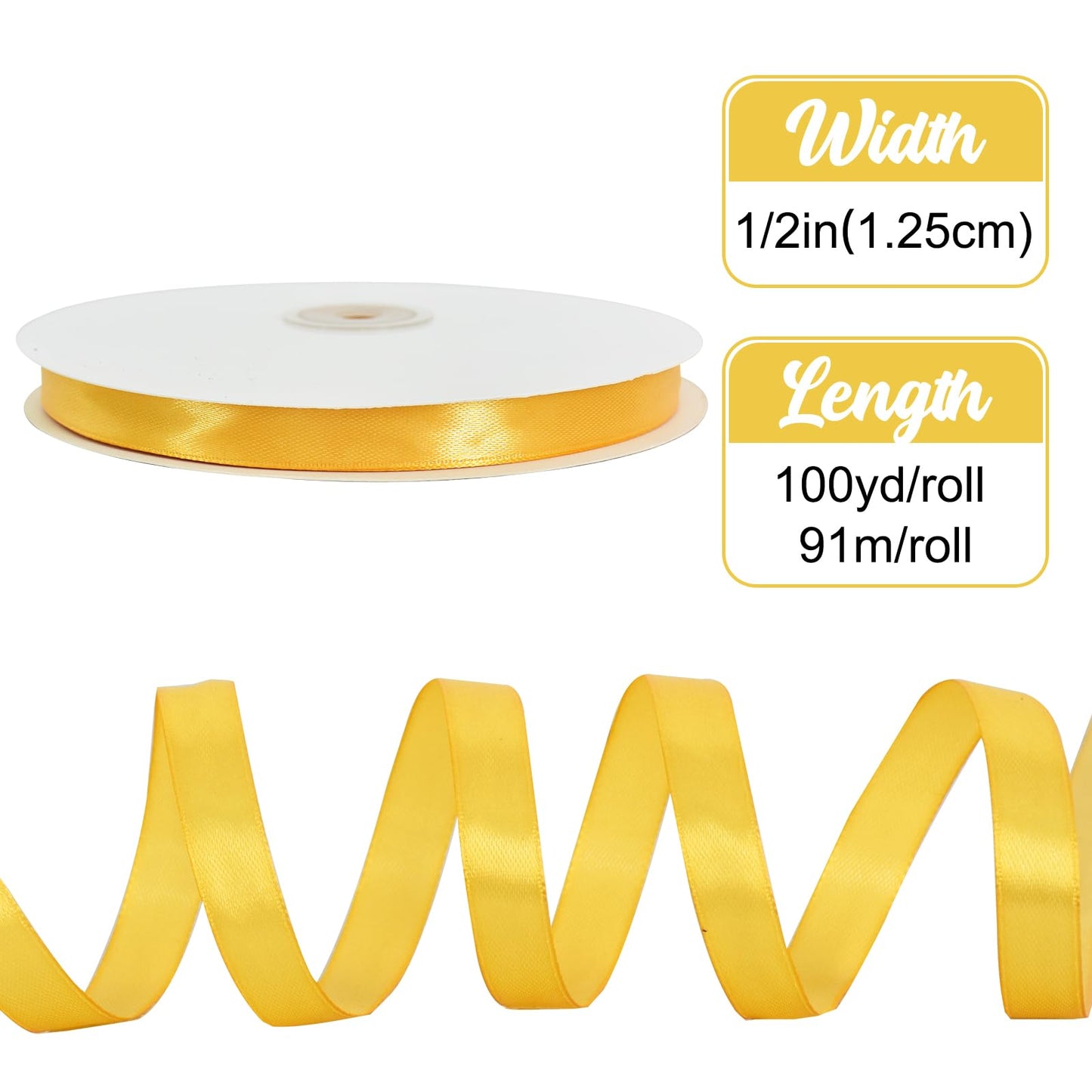 TONIFUL 1/2 Inch x 100yds Yellow Satin Ribbon Thin Solid Fabric Ribbons for Invitation Gift Wrapping, Bows Craft Making, Floral Bouquets, Valentine's Day Wedding Party Decoration