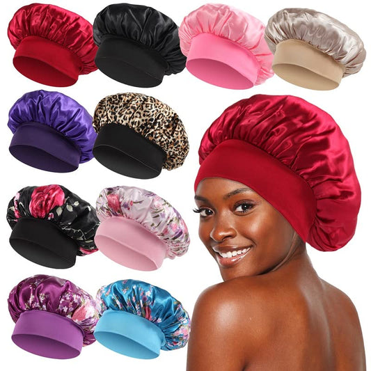 KEPUWAY 10 Pcs Bonnet, Superior Satin Bonnet with Elastic Wide Band, Silk Hair Bonnet for Sleeping Women Men curly Dreadlock Braid Hair (Multicolor Share Pack)