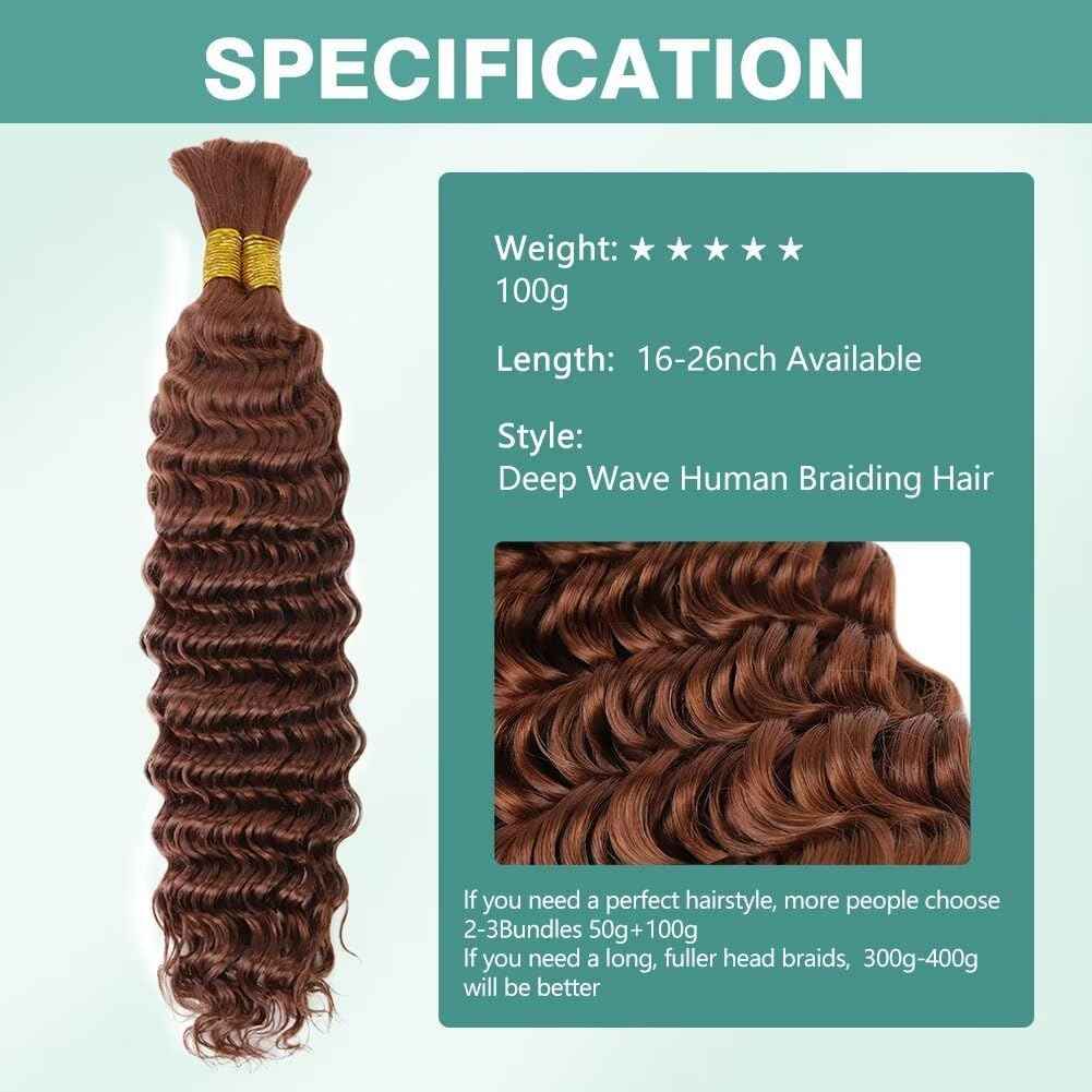 16 Inch 100g Deep Wave Human Braiding Hair 2 Bundles/Pack Deep Curly Bulk Human Braiding Hair for Boho Braids Color 30# No Weft 100% Human Brown Braiding Hair Extensions for Micro Braiding