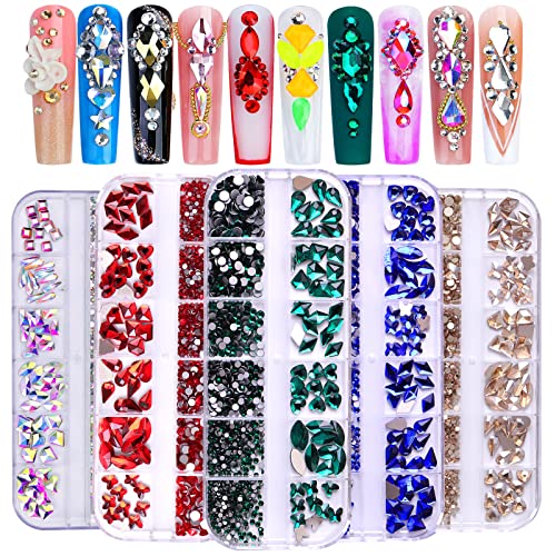 NAISKA 810Pcs Champagne Gold Crystal Nail Arts Rhinestones Round Beads Flatback Glass Gems Stones Multi Shapes Sizes Rhinestones Nail Crystals for Nail DIY Crafts