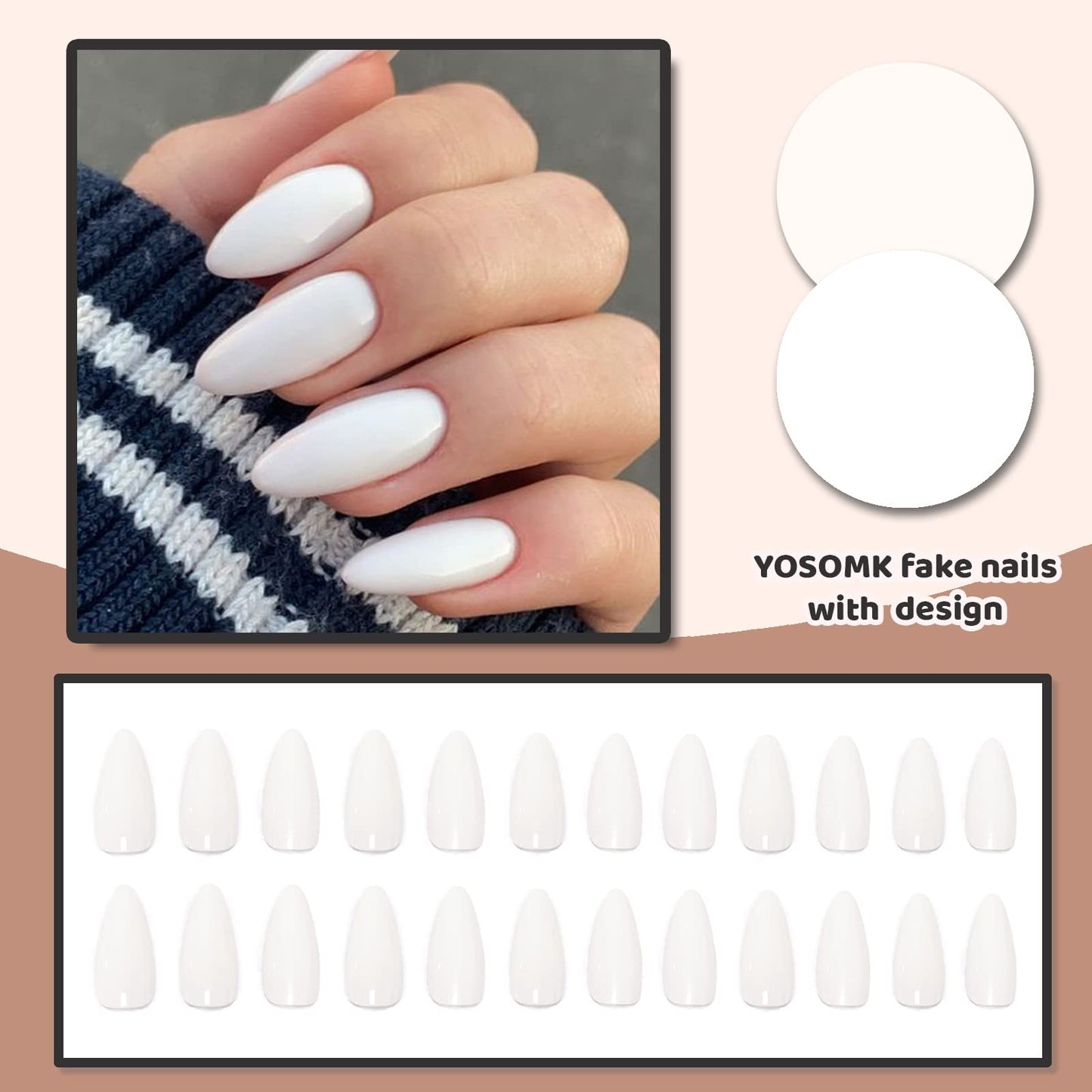 YOSOMK White Fake Nails Medium Almond Press on Nails with Design Pure Color Glossy Stick on Nails Acrylic Glue on False Nails for Women