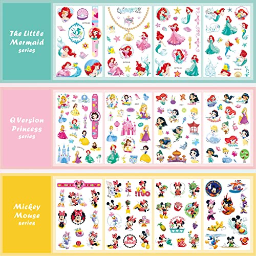 Princess Tattoos Kids, 40 Sheets Cartoon Tattoos Party Favor Set for Girls Boys 9 Kinds of Cute Princess Series Temporary Tattoo Stickers Micky Temp Tattoo Stickers for Kids Party Decor Supply