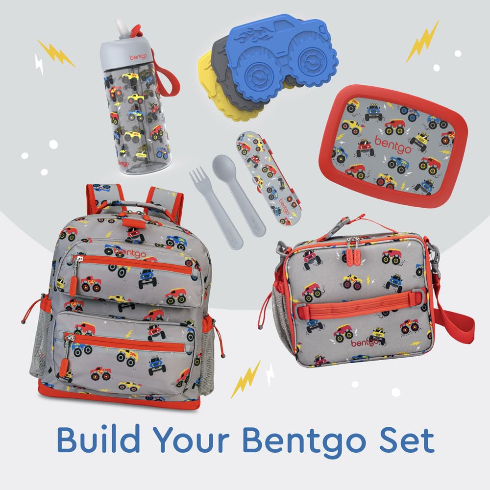 Bentgo Kids Lunch Bag - Durable, Double-Insulated Lunch Bag for Kids 3+; Holds Lunch Box, Water Bottle, & Snacks; Easy-Clean Water-Resistant Fabric & Multiple Zippered Pockets (Trucks)