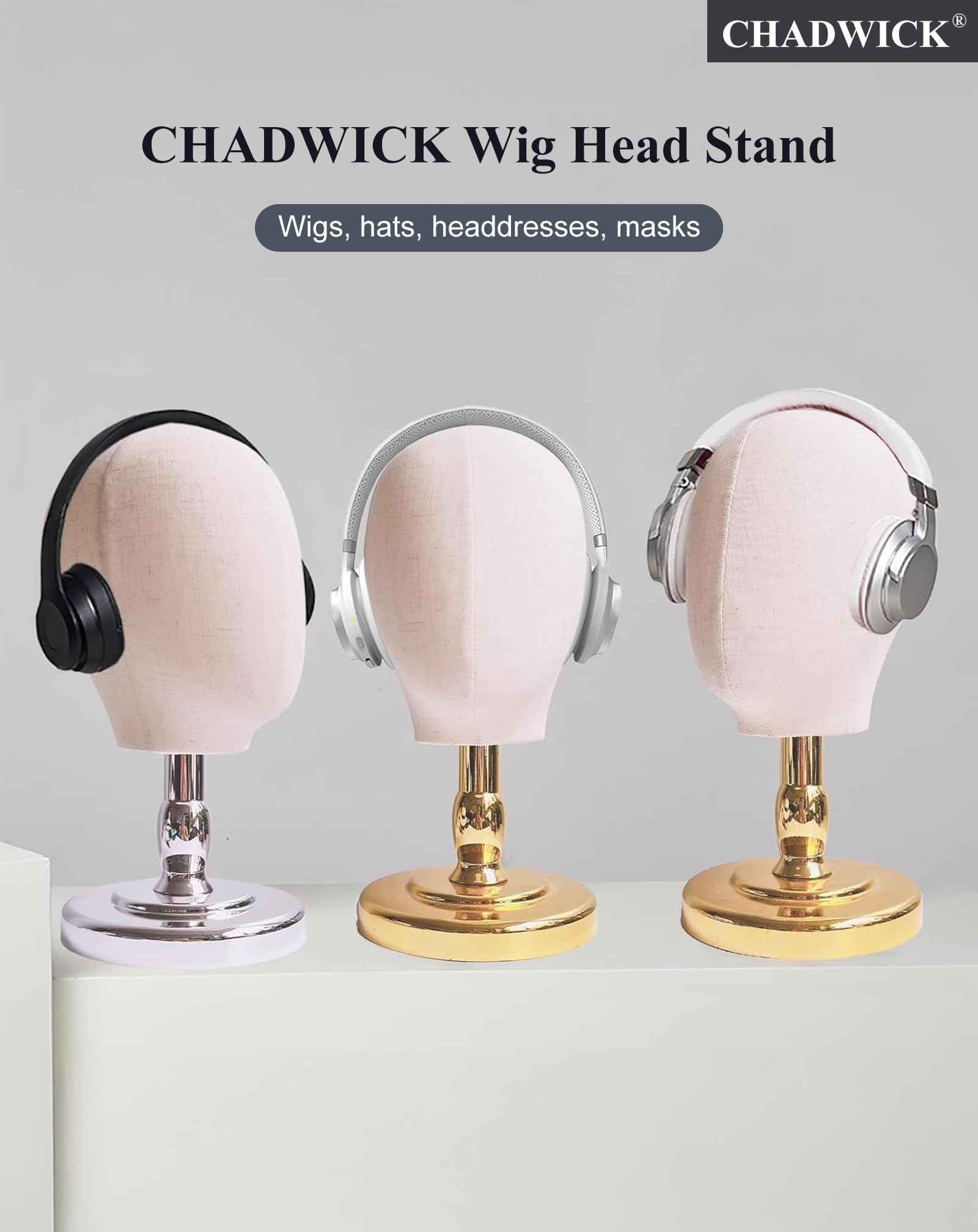 UnPinnable Wig Head Stand 21 Inch Mannequin Head Hat Stand Canvas Block Head Hat Mannequin Head Display Fabric Wig Holder Display Heads for Wigs, Hats, Caps, Headdress, Masks, Detachable Chrome Stand