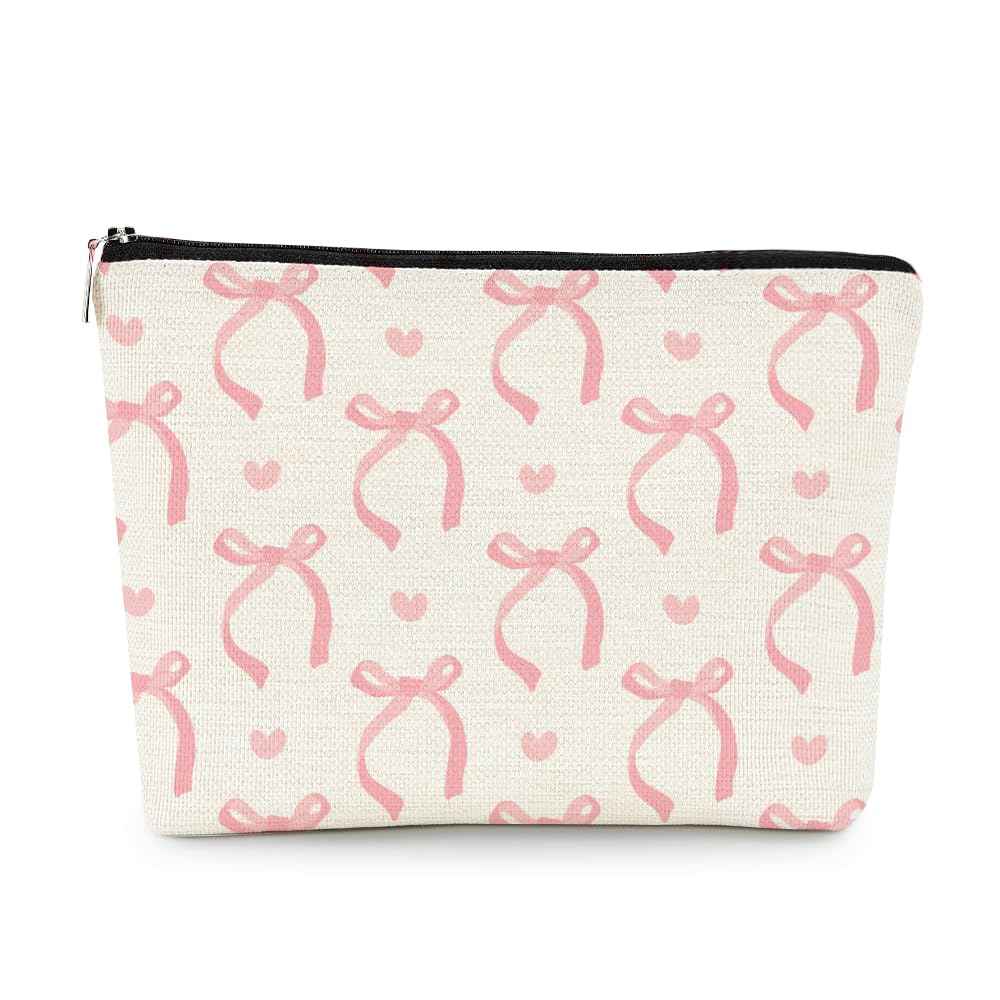 EXUQO Coquette Pink Bow Makeup Bag,Coquette Stuff Preppy Bags,Trendy Coquette Gift Cosmetic Bag,Pouch Gift for Teen Girls Women,Aesthetic Makeup Bag
