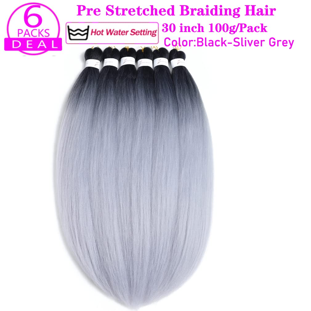 Pre Stretched Braiding Hair Extensions 30 Inch 6 Packs Long Professional Crochet Twist Braids Hair High Temperature Synthetic Fiber Yaki Texture(30",black-silver grey)