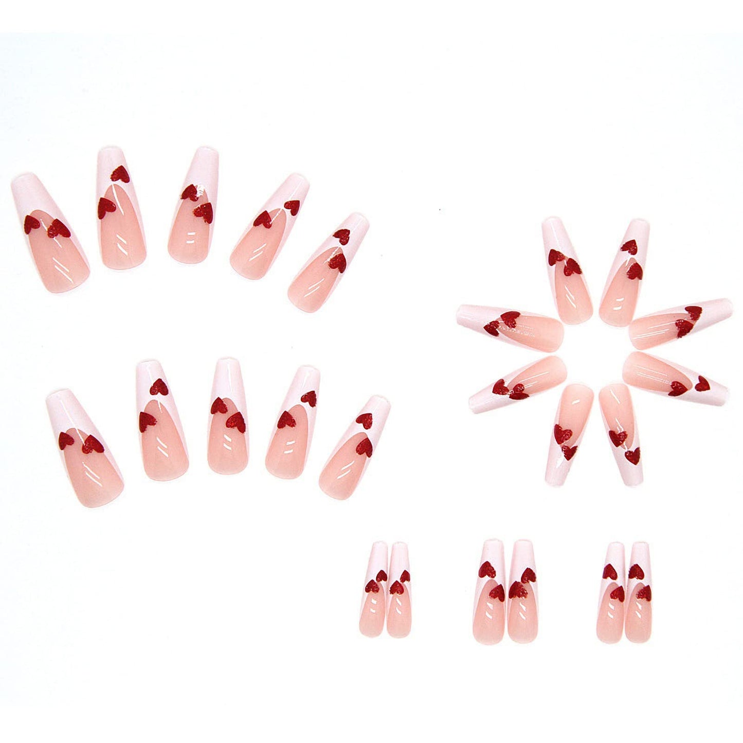 24 Pcs French Tip Press on Nails with Heart Designs Long Square Shape Fake Nails Valentines Glossy Ballerina Full Cover Glue on Nails, Acrylic Reusable Press on False Nails for Women and Girls