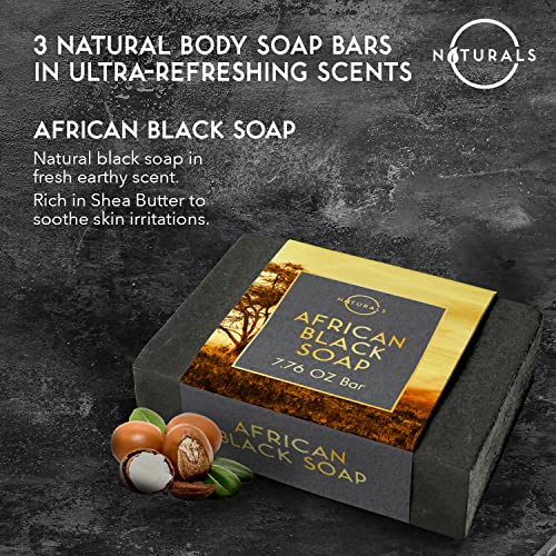 O Naturals Bar Soap for Men - 3-Pcs Mens Soap Bar - Natural Soap - Mens Soap - Body Men Soap Bars - Natural Soap for Men - Organic Men's Soap Bars - Exfoliating Bar Soap - African Black,Cedarwood,Mint