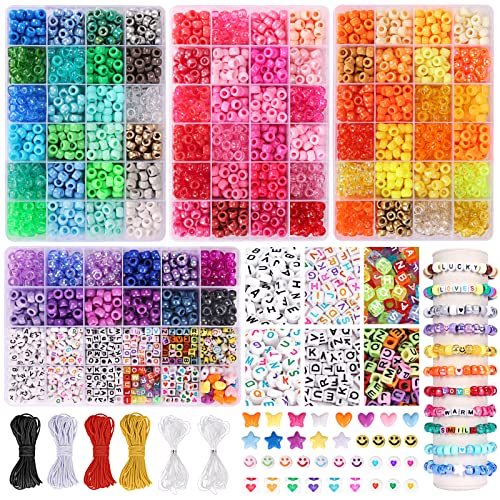 QUEFE 3250pcs Pony Beads Set, Friendship Bracelet Kit Kandi Beads 2400pcs Rainbow Beads in 96 Colors, 800pcs Letter and Heart Beads with 20 Meter Elastic Threads for Jewelry Necklace Making