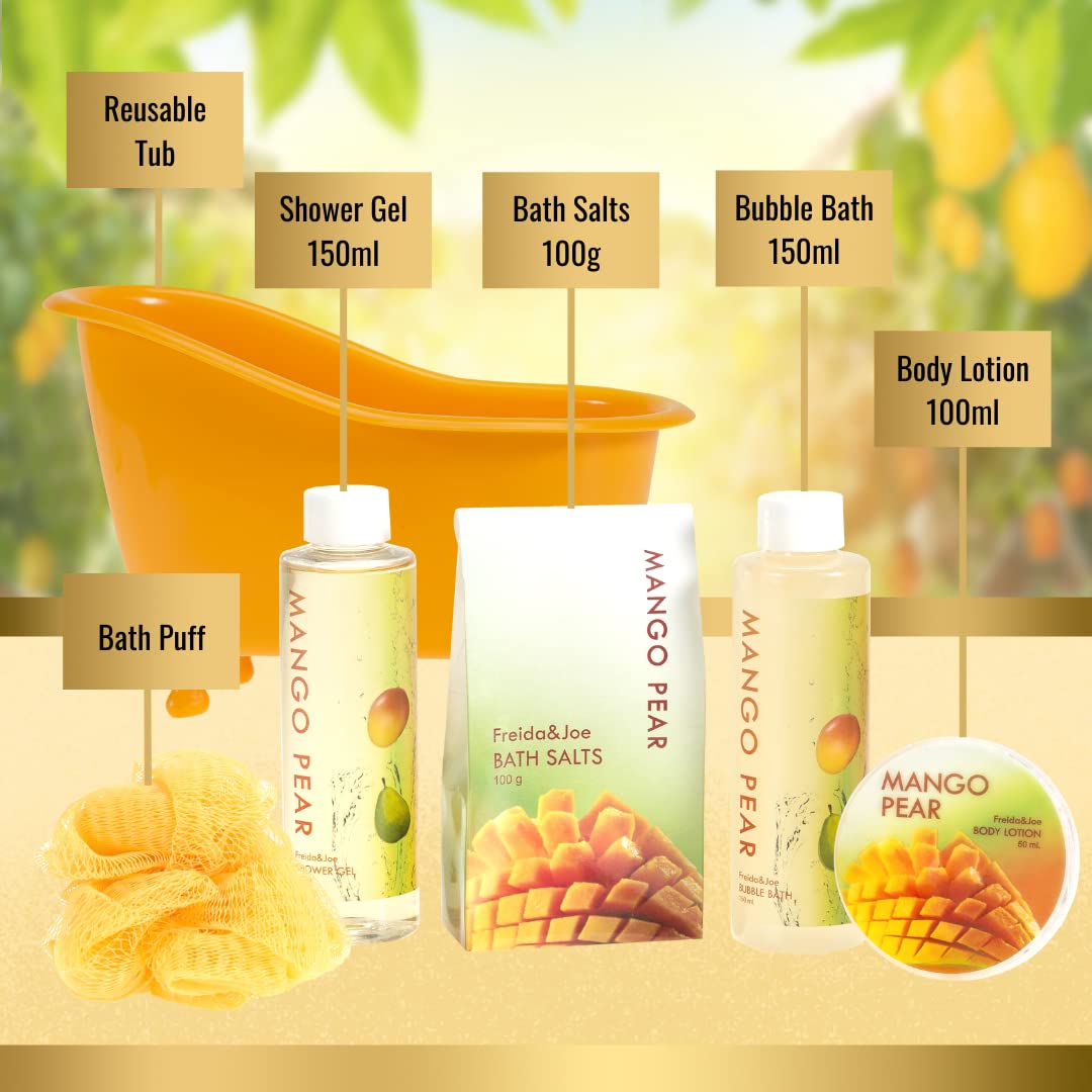 Freida and Joe Tropical Mango Pear Fragrance Spa Set for Women - Bath & Body Set in Stylish Orange Tub - Gift Ready with Shower Gel, Body Lotion, Bubble Bath, Bath Salts, and Bath Puff