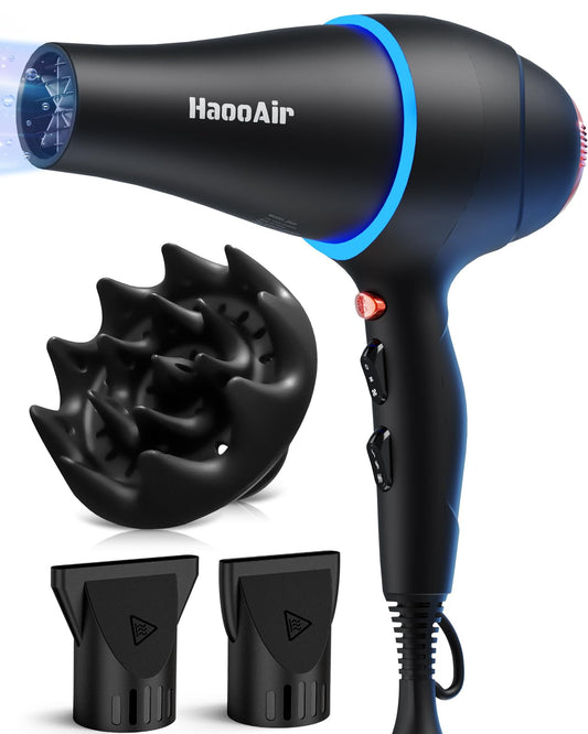 Hair Dryer with Diffuser, Professional Ionic Hair Dryer with Blue Light AC Motor, 2000W Fast Drying Hair Blow Dryer Low Noise Care Hairdryer for Women (Black with 2*Nozzle+Diffuser)