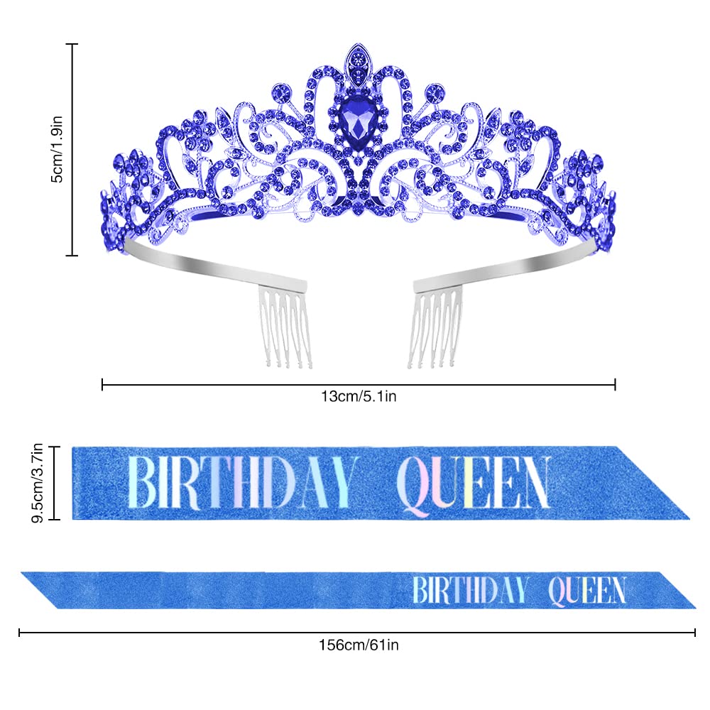 Girls Blue Tiara Sash Rhinestone Crystal Headband Princess Queen Crown Happy Birthday Decorations Accessories Gifts