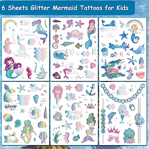 100 Glitter Styles Mermaid Temporary Tattoos for Girls - 6 Sheets, 100 PCS, Waterproof & Sweat-resistant, Safe for Kids, Ages 3+