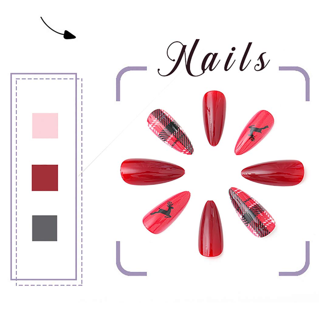 Gangel Red Matte False Nails Xmas Fake Nail Full Cover Christmas Long Fake Nails Snow Deer Acrylic Press on Nails Daily Wear Gifts for Women and Girls 24Pcs (RED LATTICE)