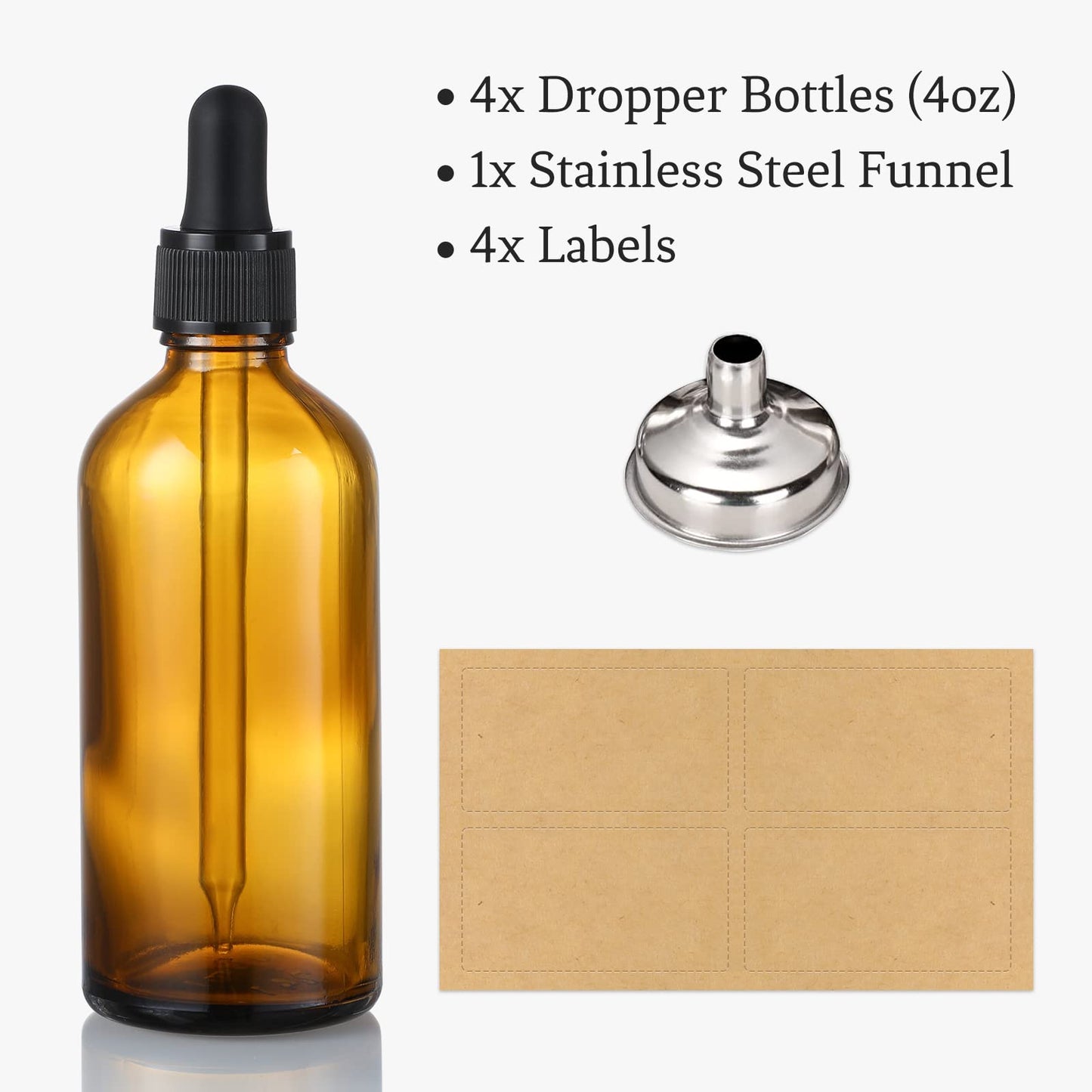 AOZITA 4 Pack, 4oz Amber Glass Dropper Bottles with 1 Funnel & 4 Lables - 120ml Dark Brown Tincture Bottles with Eye Droppers - Leakproof Travel Bottles For Essential Oils, Liquids