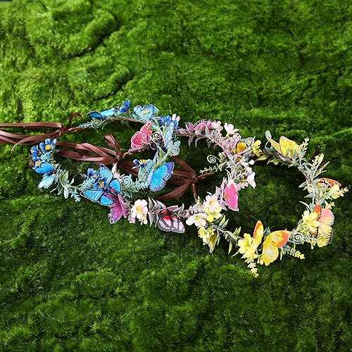 MOSTORY Handmade Purple Butterfly Flower Crown - Fairy Headband Floral Elf Crown Woodland Circlet for Women Girls Renaissance Halloween Festival Cosplay Party Photo Shoot