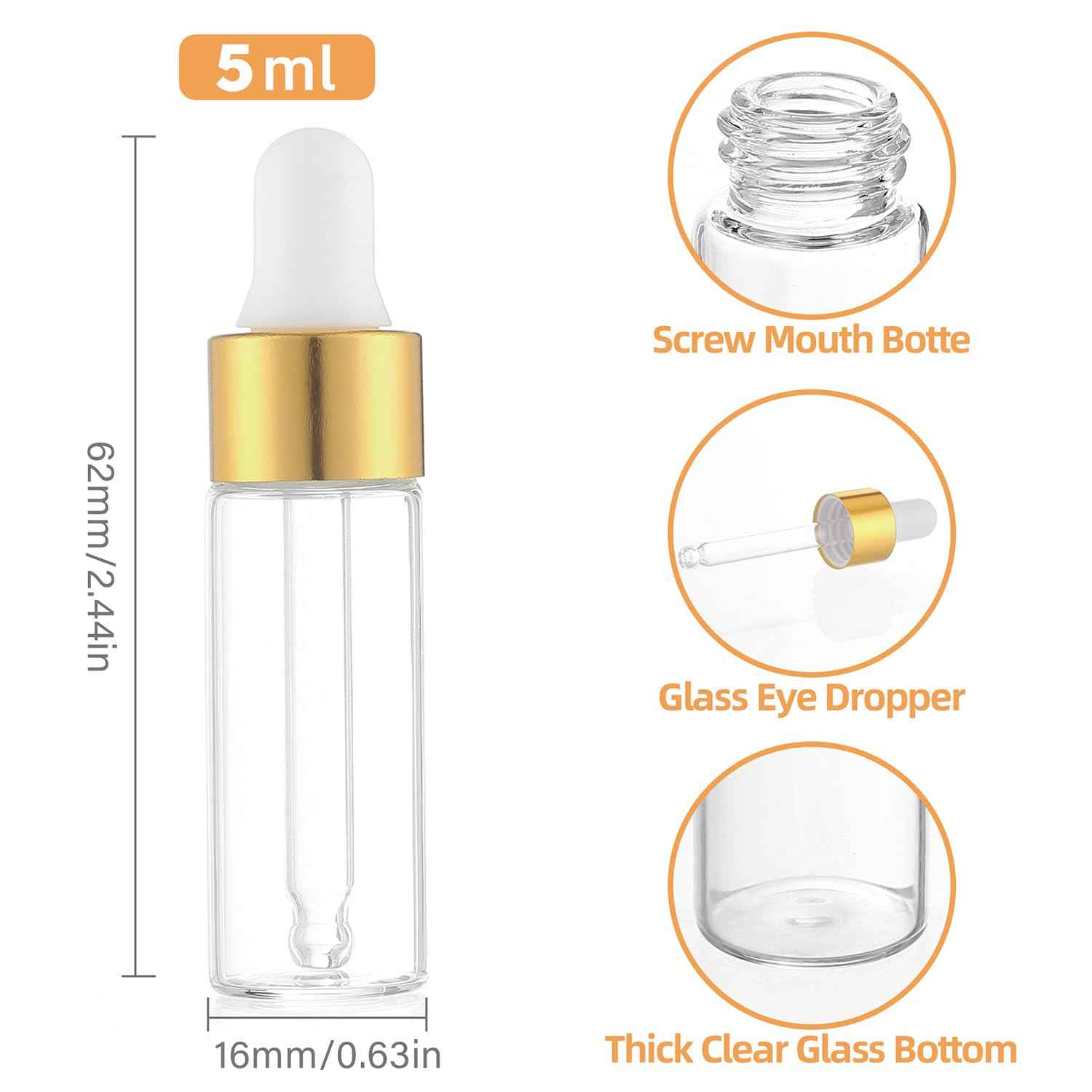 Parfumlism Mini Oil Bottles 5ml – 100pcs Golden Collar Glass Dropper Bottles for Liquid Storage, Sample Distribution, Business Gifts, Beauty Products, and Travel Use