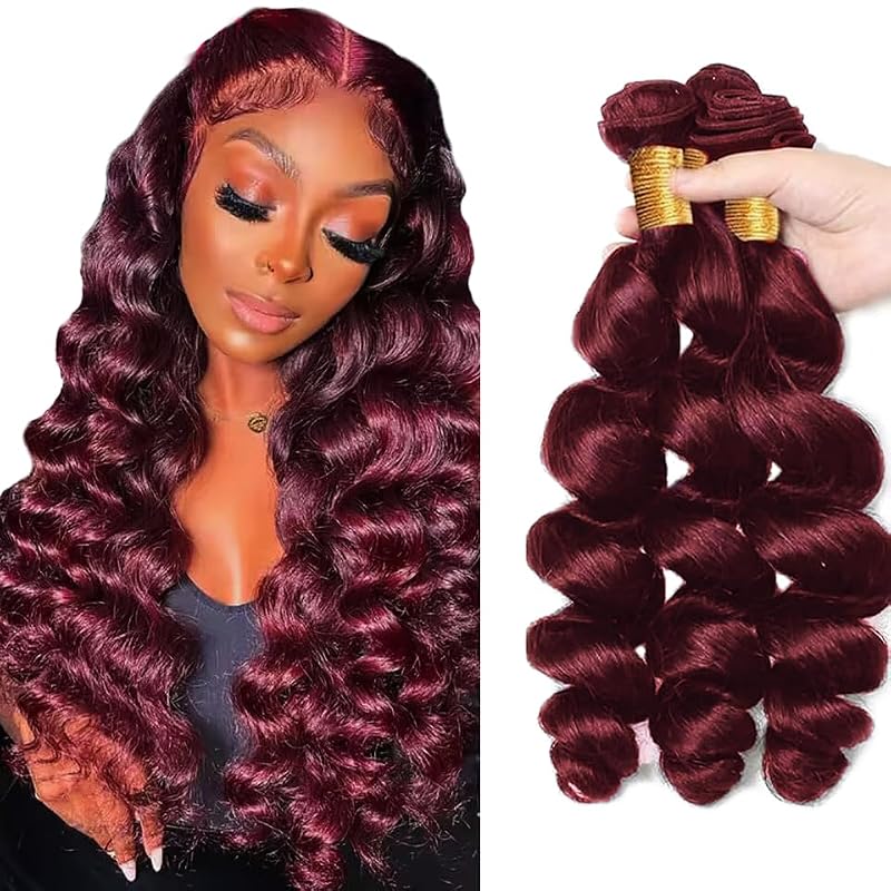 99J Burgundy Loose Deep Wave Human Hair Bundles 22-26 Inch