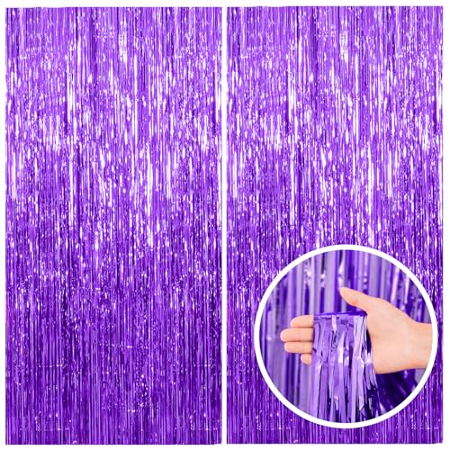 BOMSI 2 Pack Purple Foil Fringe Backdrop Curtains for Party Decorations, 39.4
