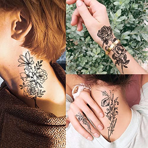 19 Sheets Black Flower Temporary Tattoos for Women