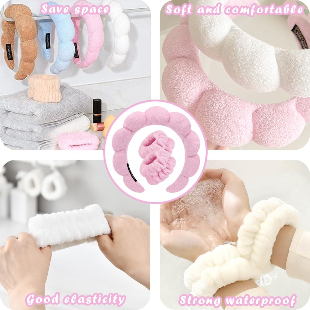 Spa Headbands for Washing Face Wristband Set Sponge Makeup Skincare Headband Wrist Towels Bubble Soft Terry Towel Cloth Hairband for Women Puffy Headwear Non Slip Thick Hair Headwear (Pink)