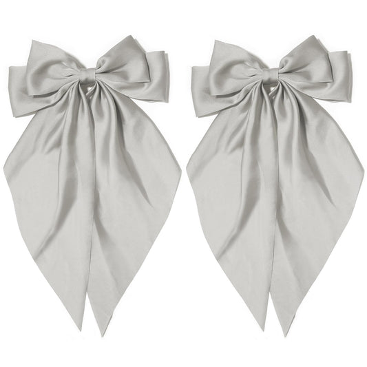 2Pcs Silky Satin Hair Ribbons with Long Tails - Gray Coquette Hair Clips, Aesthetic Accessories for Women