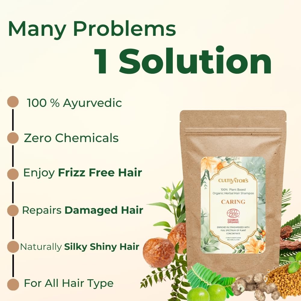 Cultivator's Certified Organic Shampoo for Frizz-Free Hair - Amla, Reetha, Shikakai & Methi Dana Powder with 100% Natural Indian Herbs for Hair Care - 8.81Oz