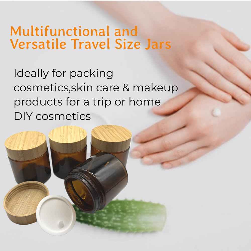 BEECO GIF2U Empty Refillable Brown Glass Cosmetic Cream Jar 4 Pack 3.3 OZ/100g with Bamboo Lids,Skin Care Travel Containers Pot for Clay Masks,Butter,Body Scrub,Lip Balm, Ointments, Lotion