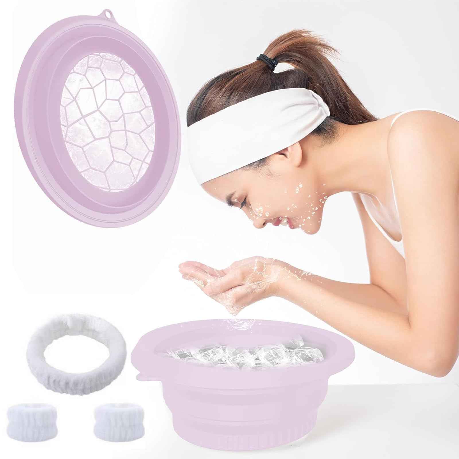 Portable Ice Bath Bowl for Face - Collapsible Silicone Bowl with Built-In Ice Tray for Acne Relief for Home, Travel & Parties (Purple)