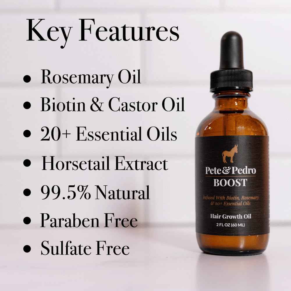 Pete & Pedro BOOST Hair & Beard Strengthening & Growth Natural Scalp Health Serum Oil For Men & Women - With Rosemary, Biotin & 20 plus Essential Oils | Shark Tank Featured, 2 oz.