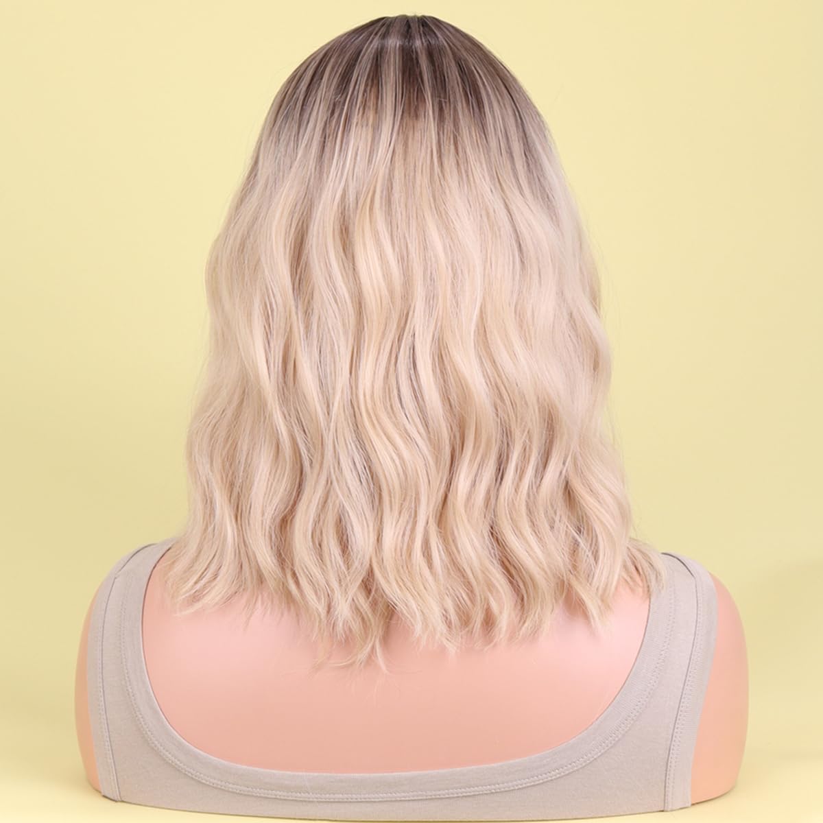 AneShe Blonde Ombre Wig Short Blonde Wavy Bob Wig for Women Curly Synthetic Hair Wig with Air Bangs Shoulder Length Ash Blonde Wigs for Party Cosplay (14" Blonde Ombre)