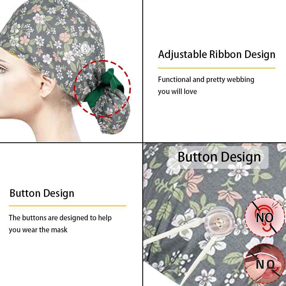 6 Pcs Scrub Caps Women Satin Lined, Adjustable Surgical Caps for Women, Nurse Cap with Button and Sweatband, Scrub Hats Women Ponytail, Working Cap for Unisex, Elastic Ponytail Tie Back, One Size