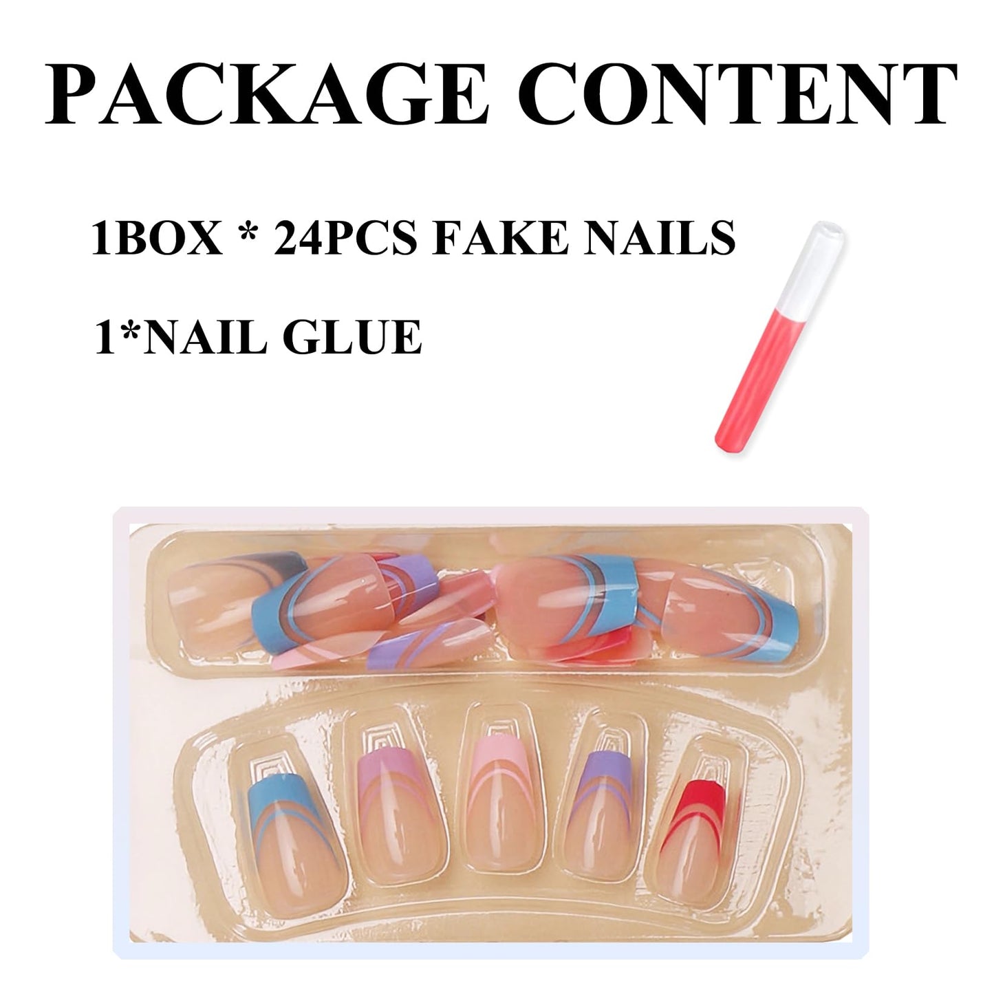 MERVF Medium Press on Nails Coffin Fake Nails French Tip Glue on Nails Press ons Colorful Ballerina Acrylic False Nails with Rainbow Design Glossy 24pcs