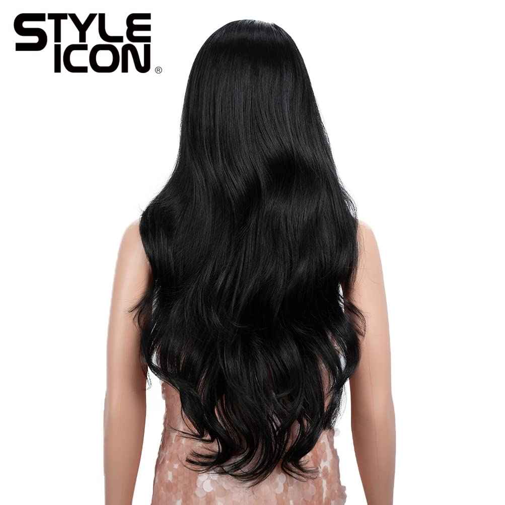 Style Icon 28" Lace Front Wigs Long Straight Synthetic Black Wig (Side Part Lace Wig, 1B)