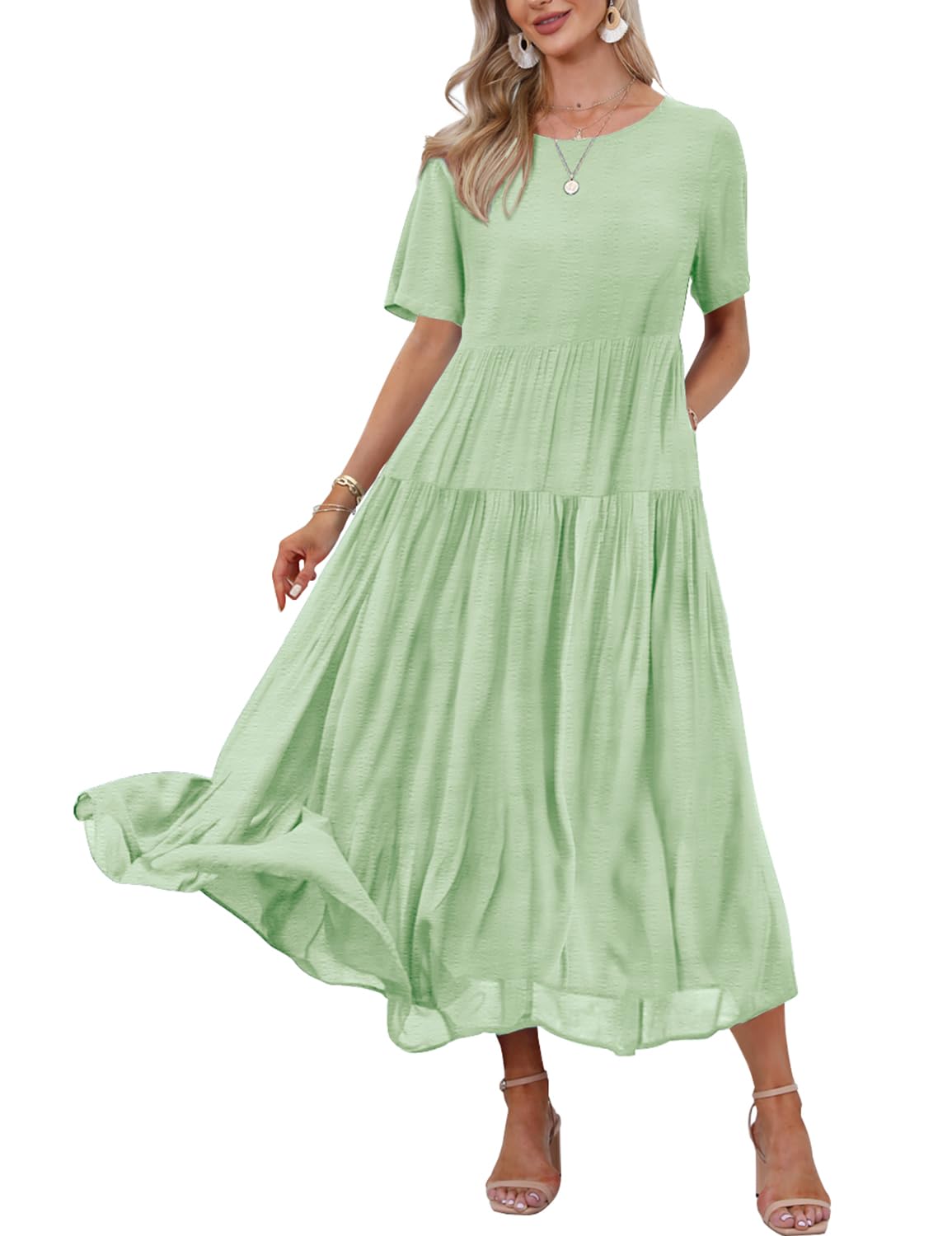 YESNO Women Casual Loose Bohemian Dress with Pockets Short Sleeve Long Maxi Summer Beach Swing Dress (M EJF Solid C Mint Green)