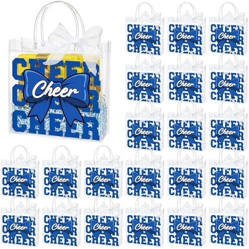 24 Pack Cheerleading PVC Gift Bags with Handles & Ribbon - Blue