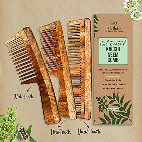 Nat Habit - Back To Natural Neem Comb, Wooden Comb, Hair Growth, For Men & Women, Treated With Neem Oil, Dual & Wide Teeth, 18-20Cm Length Brown