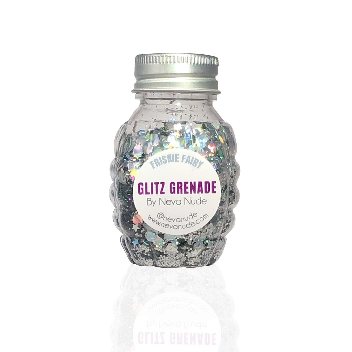 Neva Nude Face and Body Glitter Keychain - Chunky Loose Glitter for Festivals, Raves, and More | Cosmetic Grade | Super Sparkly (Friskie Fairy Silver Holographic Glitz Grenade)