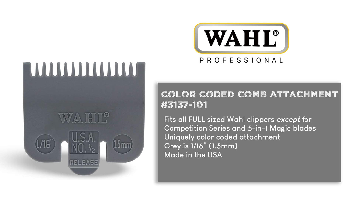 Wahl Professional Color Coded Comb Attachment #3137-101 - Grey #1/2 - 1/16" (1.5mm) - Great for Professional Stylists and Barbers