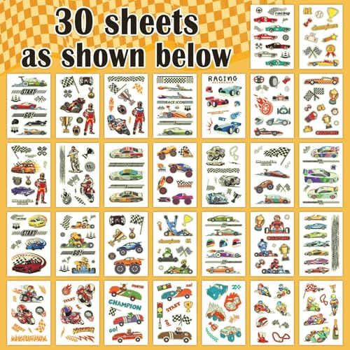 PARTYWIND 265 Styles (30 Sheets) Glow Cars Kids Temporary Tattoos for Boys, Cars Birthday Decorations Party Supplies Favors, Car Tattoo Stickers for Boys Birthday Gifts Games Accessories