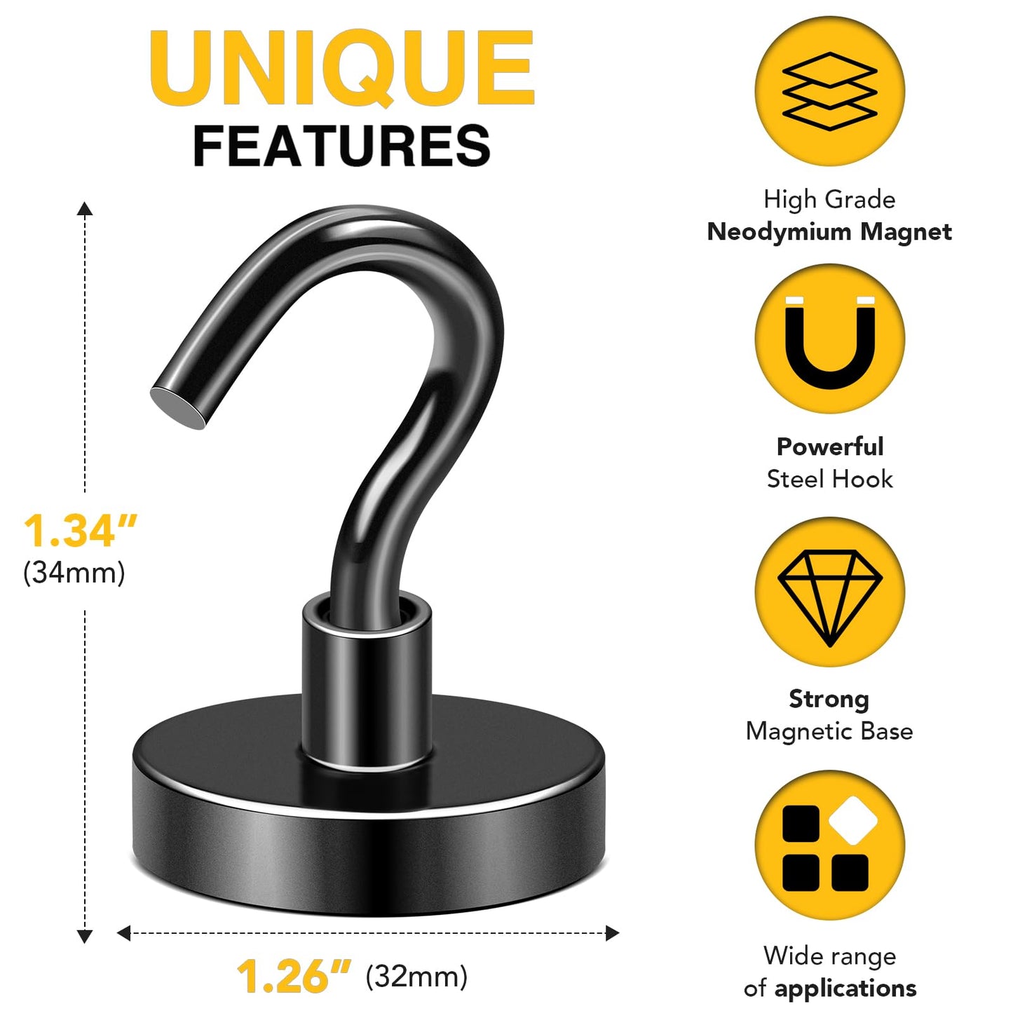 DIYMAG Black Magnetic Hooks, 118 LB Heavy Duty Strong Magnet with Hooks, Strong Rare Earth Neodymium Magnet Hooks for Hanging, Magnetic Hanger for Curtain, Home, Kitchen, Workplace, 6 Packs