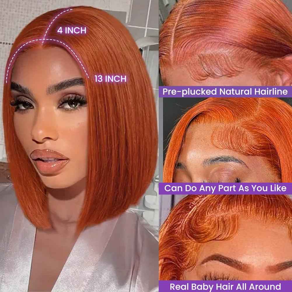 UTIDE #350 Ginger Bob Lace Front Wig Human Hair 13x4 HD Transparent Lace Frontal Wigs Pre Plucked Short Straight Bob Wig for Black Women with Baby Hair 180% Density Brazilian Orange Ginger Wig 8 Inch
