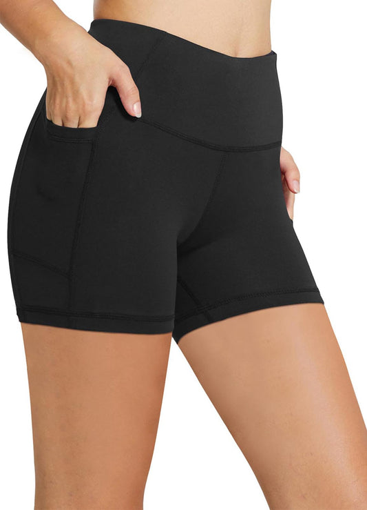 BALEAF Biker Shorts Women Yoga Gym Workout Spandex Running Volleyball Tummy Control Compression Shorts with Pockets 5" Black XS