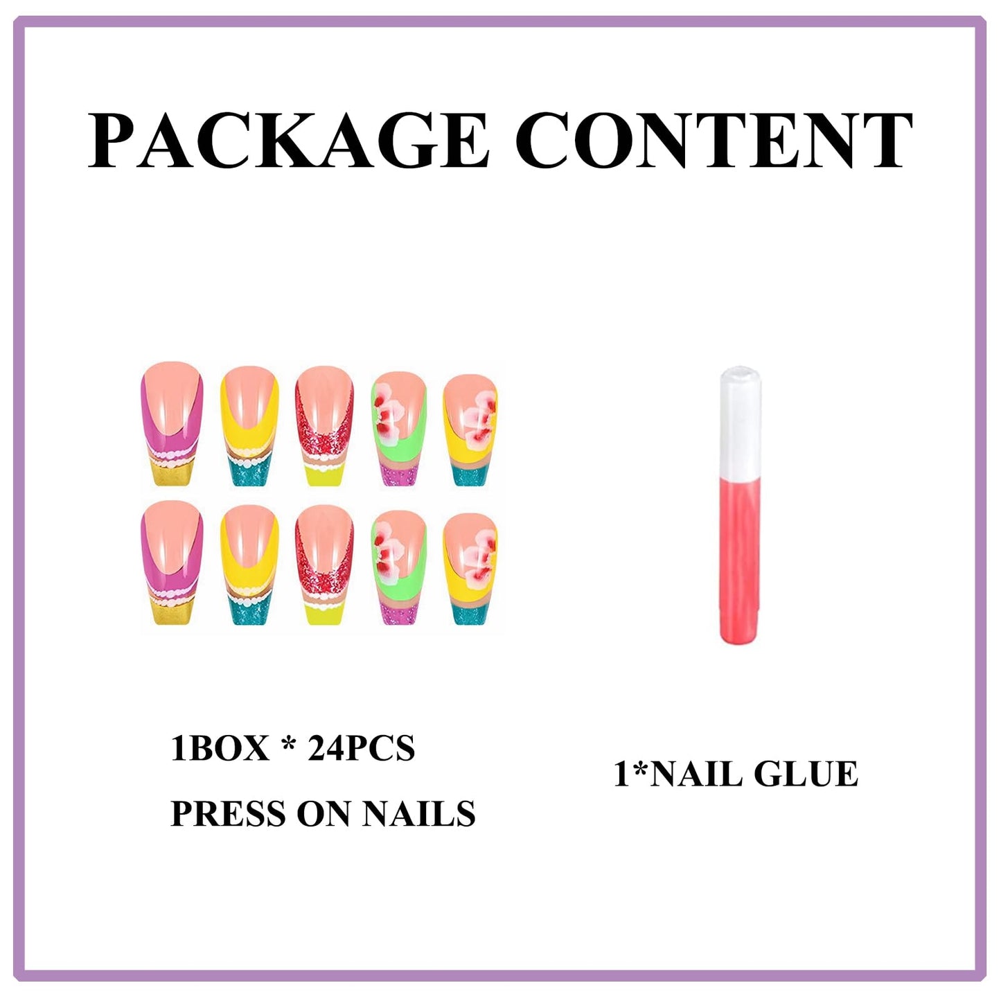 MERVF Press on Nails Long Coffin Fake Nails French Tip Glue on Nails Press ons Colorful Glitter Ballerina Acrylic False Nails with Flower Design Glossy 24pcs