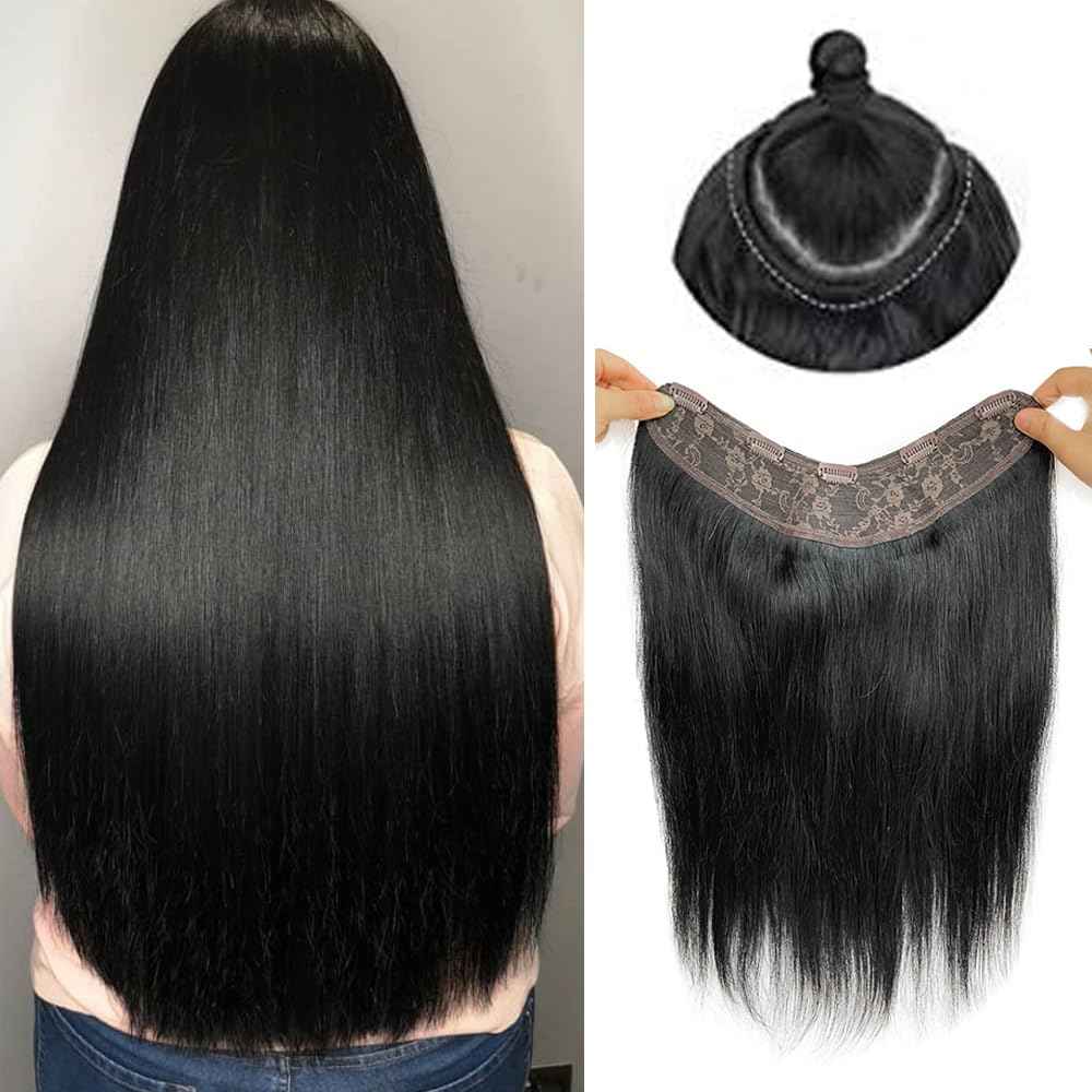 Clip in Hair Extensions Real Human Hair,Jet Black One-piece Hairpieces with 5 Clips Double Weft Black Clip in Extensions 3/4 Full Head for Thin Hair Straight Clip in 16" 80g