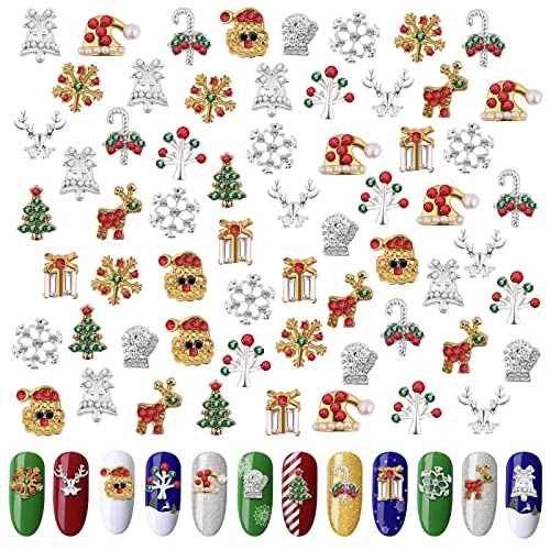 60PCS Christmas Nails Charms, Lorvain 3D Xmas Alloy Charms for Nails Snowflake Christmas Tree Nail Rhinestones Elk Santa Metal Nail Art Diamond Gems for Christmas Nail Art Decoration