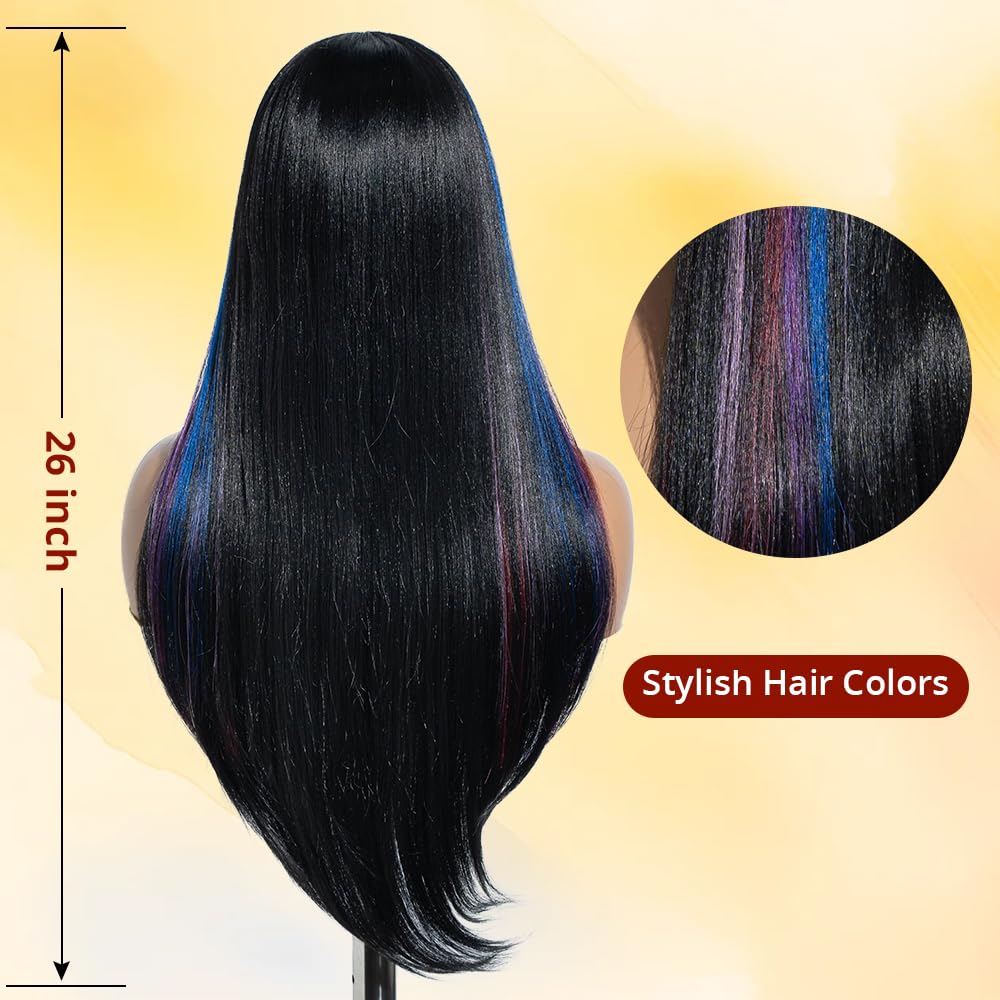 Rebecca Q Long Straight Black Wig For Black Woman Synthetic Hair Replacement Wig with Colorful Highlights Lace Front Wig Middle Partfor Daily Cosplay Use 26inches (VIVI.PLUM)