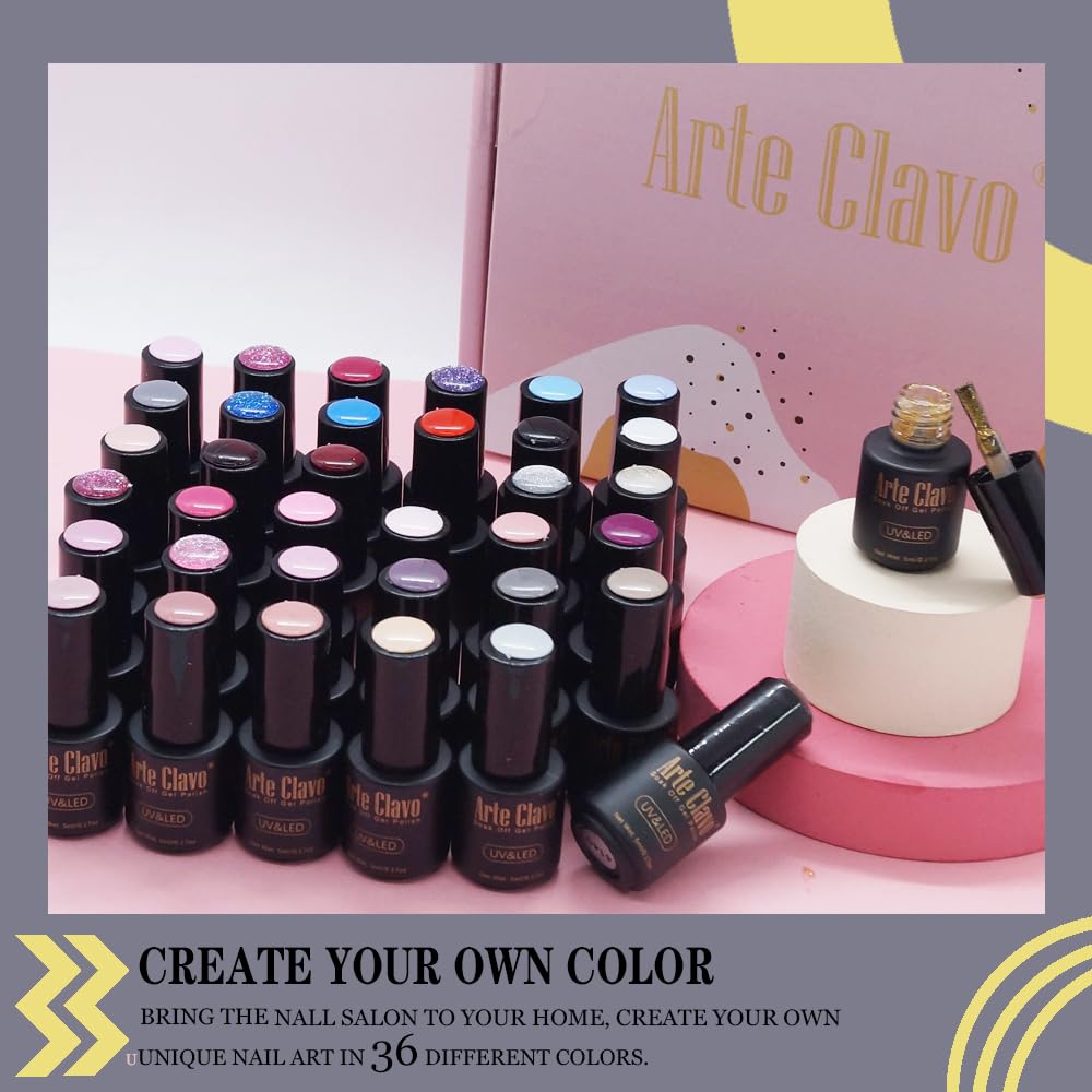 Arte Clavo 36 PCS Gel Nail Polish Set-Classic Macaron Collection AW Red Black and White Pink Blue Glitter Nude Uv Gel Polish Manicure Starter Gifts For Women AC3603…