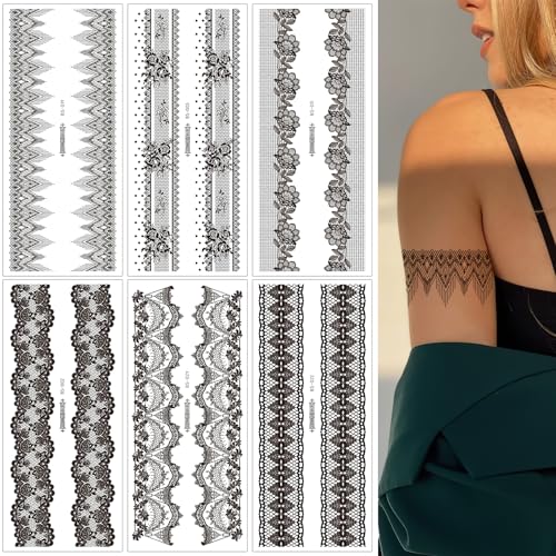 Black Lace Temporary Tattoo Stickers, 8 Sheets Waterproof